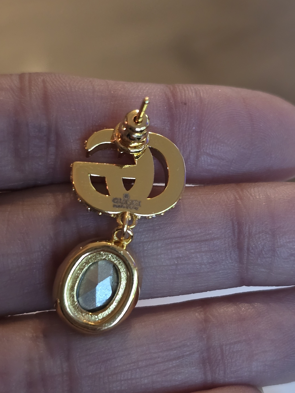 Gucci 18kgpGold-Tone Earrings with Emerald Green Gem Drops - Picture 7 of 8